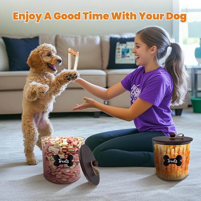 HOYTAMDAR 2 Pack Airtight Dog Treat Containers Bamboo Lids, Dog Treat Jars | Dog Food Storage Container with Scoops, Clamps, Labels and Marker, Dog & Cat Treat Holder