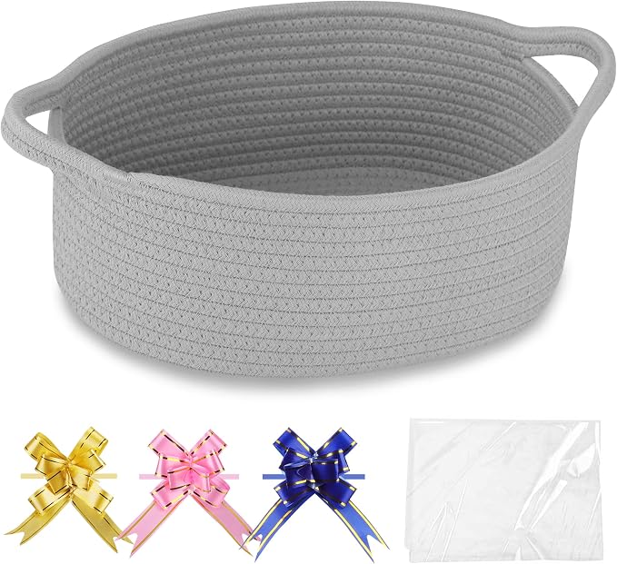 COMSE Empty Small Gift Basket with Bag & Ribbons, Cool Gray | Cotton Rope, 12"x 8"x 5", Baby Toy Organizer, Stores Small Items for Bedrooms, Nurseries, Bathrooms, Living Rooms, Offices