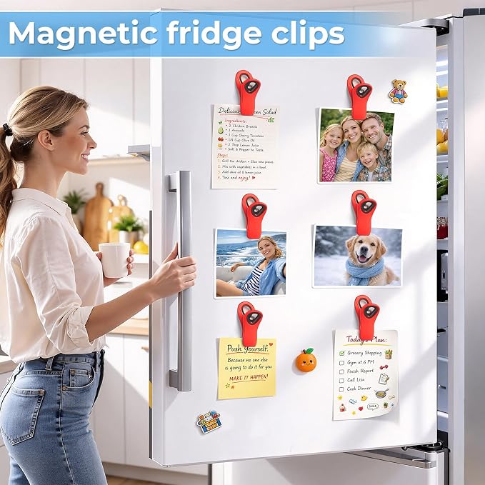 12 Pack Chip Clips, Bag Clips for Food, Magnetic Sealers for Chips and Other Food, Plastic Bag Clip for Kitchen, Fridge, Clothes, Sewing and Artwork (Red)