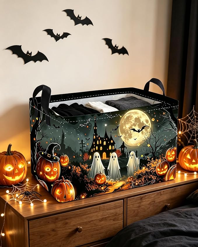 Essme Rectangular Halloween Basket,Kids Storage Bins Organizer with Handles for Ghost Room Decor, Gift Basket,Shelf Basket.(Dream Halloween)