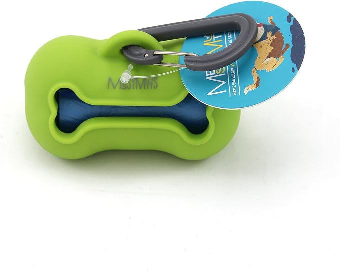 Messy Mutts Silicone Dog Poop Bag Holder with Carabiner, Green | Silicone Dog Poop Bag Dispenser With Carabiner Clip And 15 Bag Starter Roll, Fits Standard Rolls