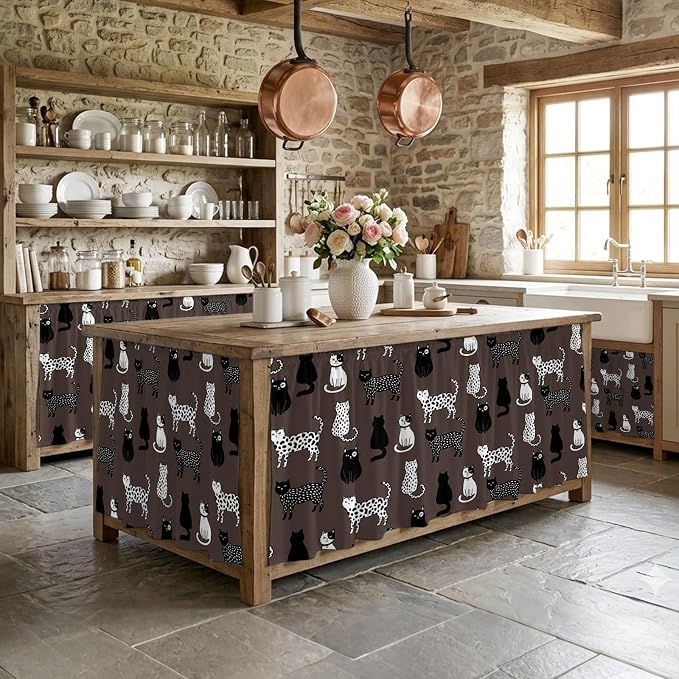 Cat Animal Cabinet Curtain 28"Wx35"L, Dustproof Under Sink Skirt with Self Adhesive Tape, Black White Earthy Tone Vintage Pet Cabinet Curtain Cover for Bathroom Vanity, Kitchen Sink, Laundry Room