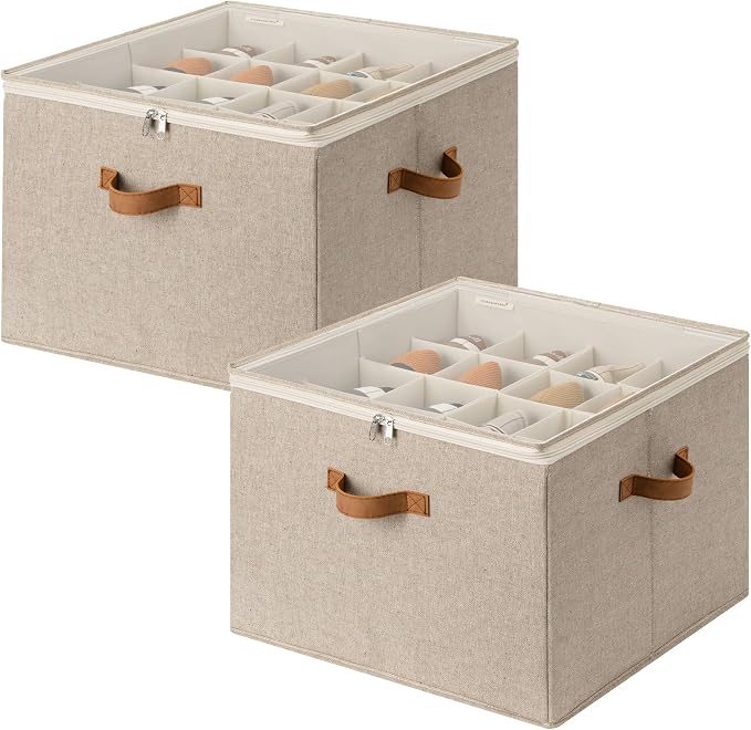 StorageWorks 2-Pack 32-Pair Shoe Storage Organizer for Closet, Taupe | Adjustable Dividers, Holds up to 16 Pairs Each, Foldable, Clear Lid, Soft Handles, Fits Flats, Boots & Heels, For Entryway