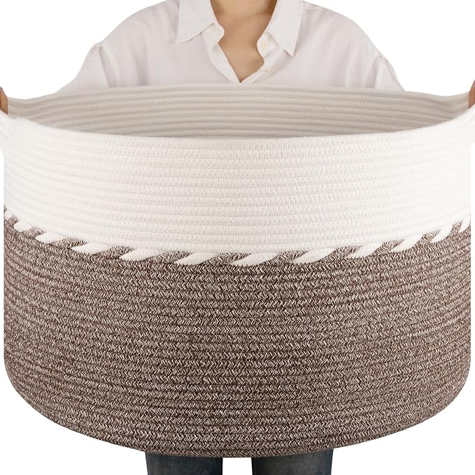 OIAHOMY 90L Extra Large Blanket Basket - Decorative Cotton Rope Storage Basket for Bedroom, Living Room & Nursery - Woven Laundry Hamper for Organizing Blankets, Clothes & Toys - Brown & White