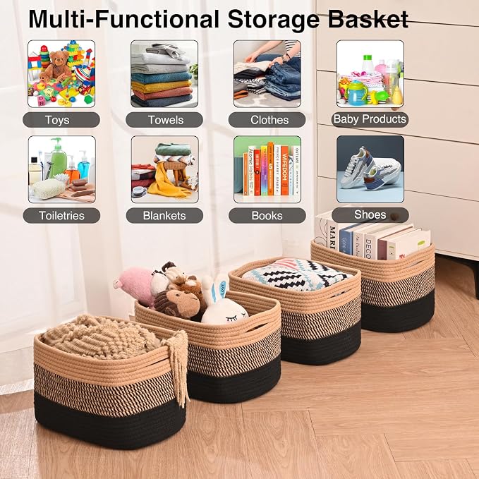 ICERZCZ Storage Baskets for Shelves Organizing, Woven Cotton Rope Baskets for Storage, Book Basket, Towel Basket, 12.5"Lx9.1''Wx7.9''H (4 Packs) Gradient Black & Jute