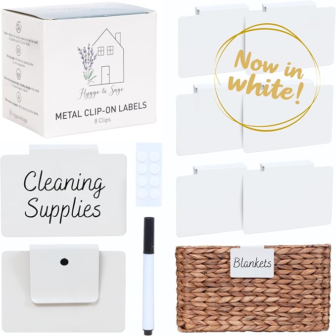 Hygge & Sage: Metal Non-Slip Basket Labels Clip On for Storage Bins, or Wire Racks | Includes 8 Labels, 8 Non-Slip Pads, and 1 Free Marker (White)