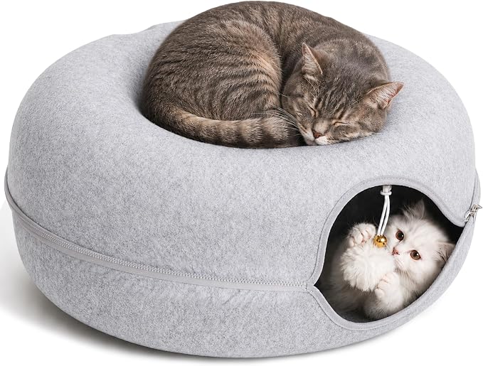 Felt Cat Tunnel for Large Indoor Cats, 24" x 24" x 12" Peekaboo Cave Bed | Light Grey 24" x 24" x 12" sturdy 1300g felt cave with 7" entrance, rear peek hole, large zipper and hanging ball.