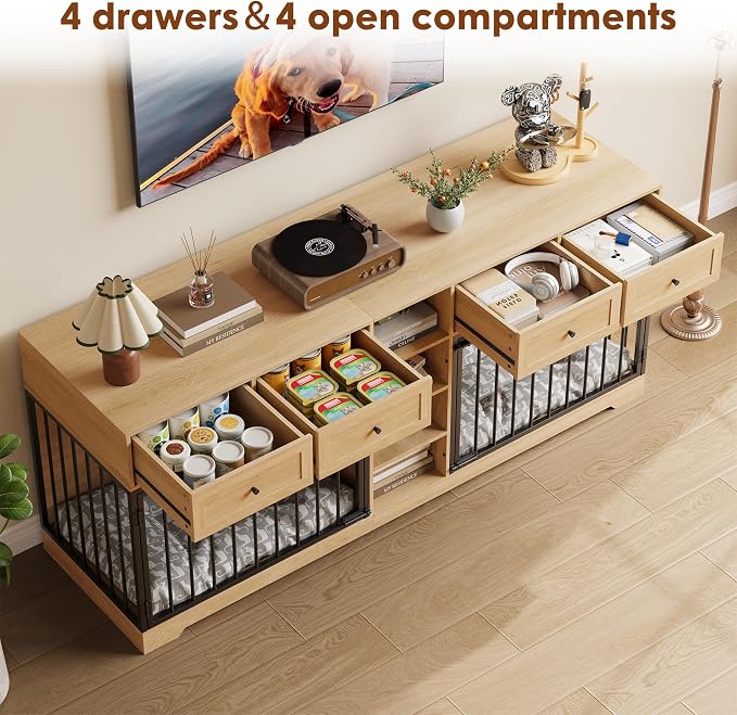 Dog Crate Furniture for 2 Dogs, Double Dog Crate TV Stand, Natural | 82" Large Dog Kennel Indoor with 4 Storage Drawers and 4 Shelves, Suitable for Small, Medium and Large Dogs