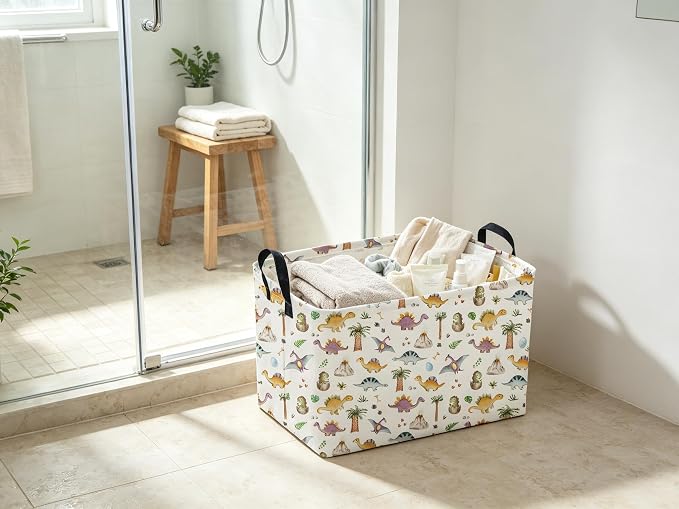 Sanjiaofeng Rectangular Dinosaur Baskets,Waterproof Foldable Dinosaur Basket with Handles,Nursery Hamper,Home Organizer,Books Box,Gift Baskets(Little Cute Dinosaurs)