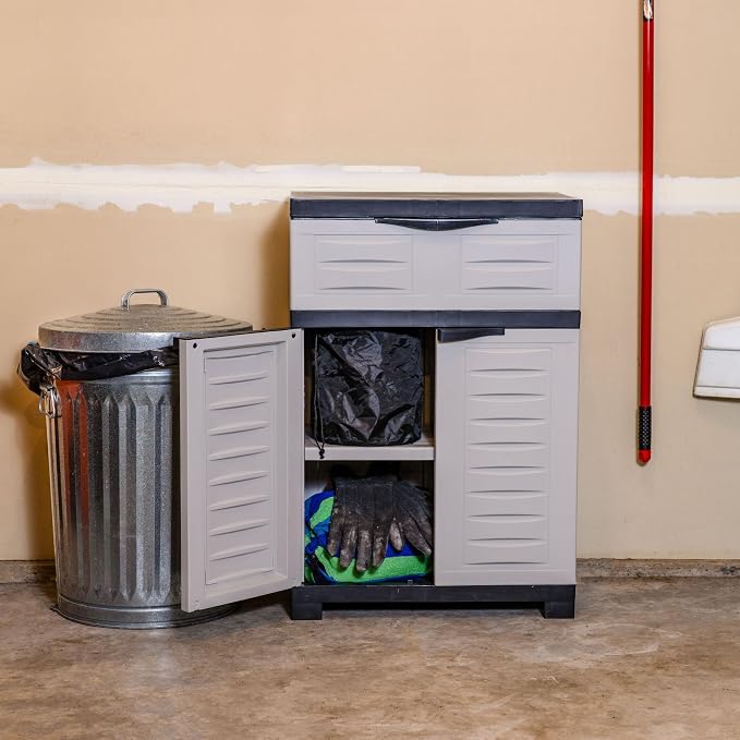 Sunnydaze 34.5" Garage Storage Cabinet with Adjustable Shelf, Gray | Heavy Duty Resin Storage Cabinet Resists Rust & Peeling, Utility Cabinet with Drawer & Anti-Tip Kit for Laundry, Office
