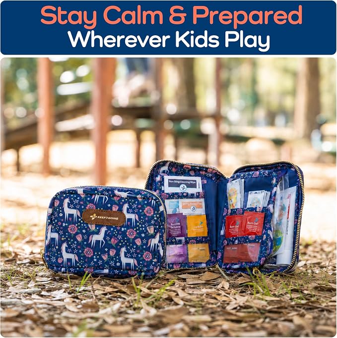 KeepGoing Travel First Aid Kit for Kids, 130 Pc. TSA-Approved Travel Size | Toddler First Aid Kit, Mini First Aid Kit for Car, Home, Purse, Diaper Bag & Backpack, Latex-Free Bandages