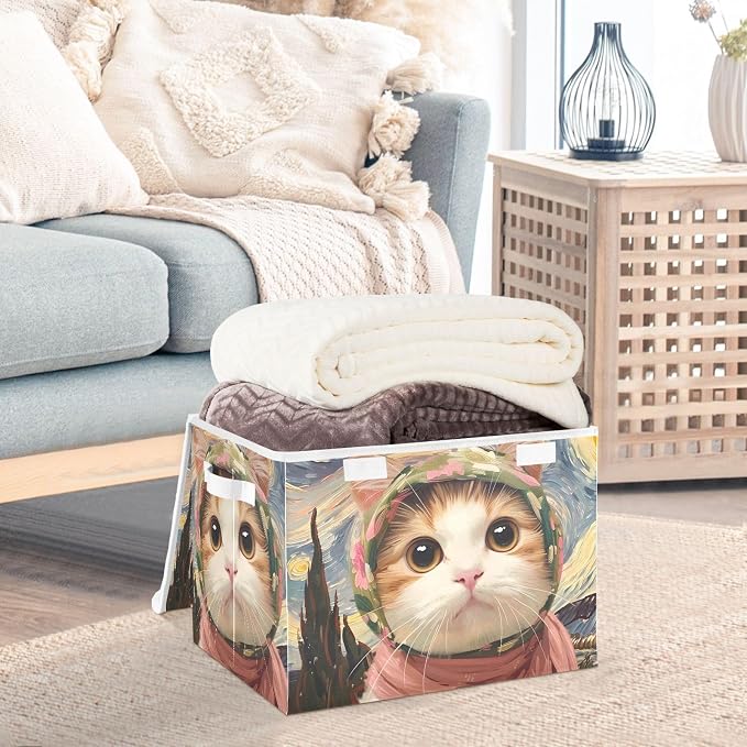 Cat Pet Storage Bins with Lids Closet Bedroom 40L Storage Basket | Decorative Storage Boxes, Foldable & Stackable, Dust-Proof Flip Top, Reinforced Handles, For Home & Dorm, Clothes & Toy Box