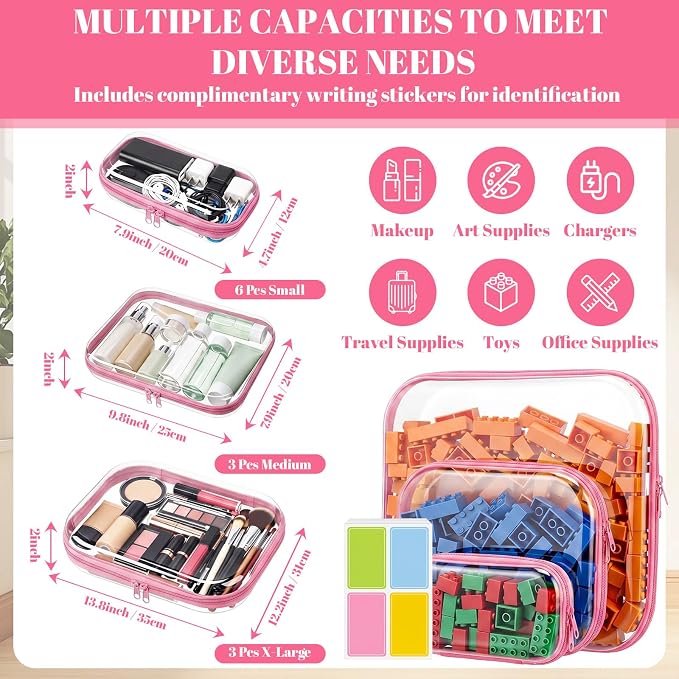 12 Pack Clear Hard Shell Zipper Case with 40 Labels, X-Large/Medium/Small Stackable Clear Pouches, Crush-resistant Travel Toiletry Bag Organizer for Makeup Board Games Electronics (Pink)