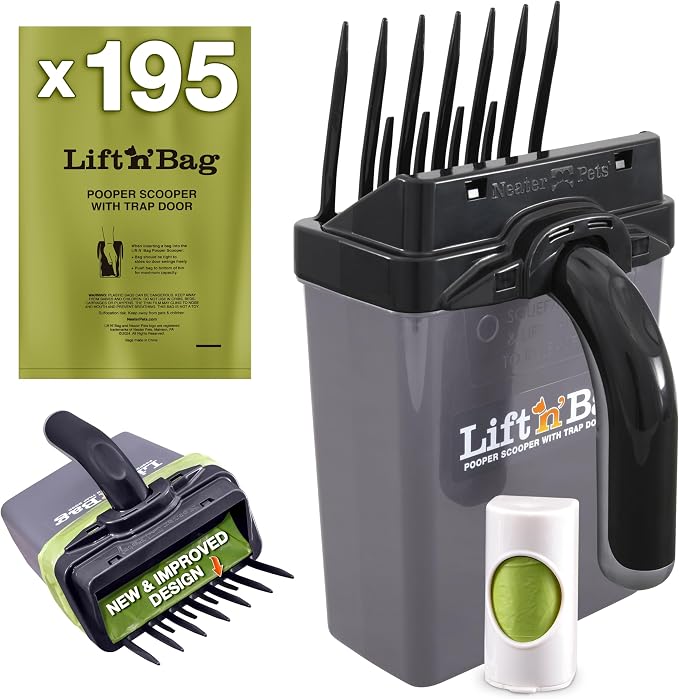 Neater Pet Brands Lift N’ Bag 2.0 Dog Pooper Scooper with Bag Attachment for Small to Large Dogs, New & Improved Design, 195 Refill Bags, Heavy Duty Dog Poop Scooper for Yard & Walks, One-Hand Use