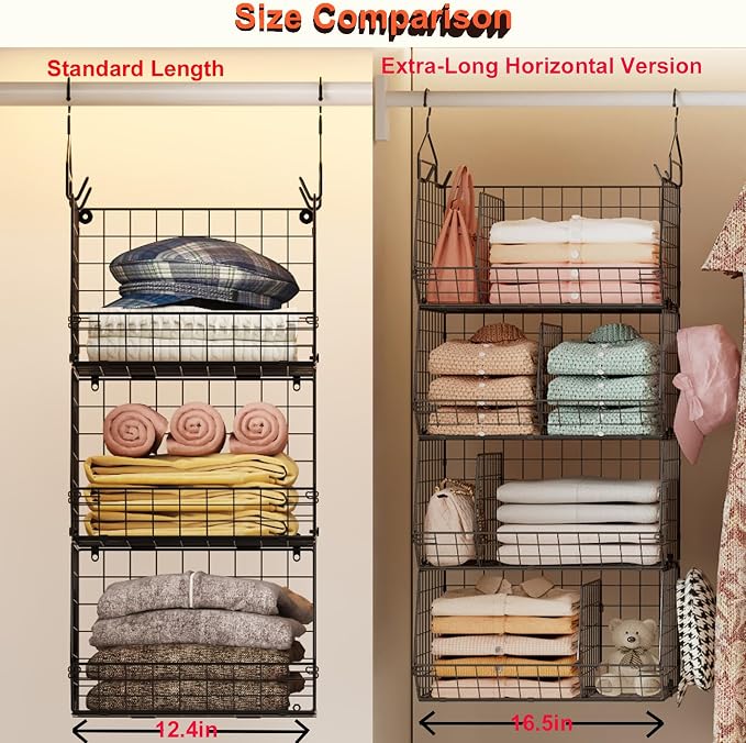 Jautokerdar 4 Tier Hanging Closet Organizer with Dividers,Extra Large Storage Hanging Shelf with 5 S Hooks 4 Dividers,Hang on Wire Closet Shelving Clothes Organizer-Black