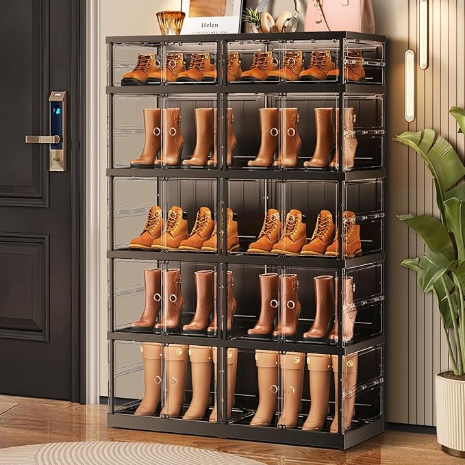 CIMLORD 5-Tier Foldable Shoe Rack Organizer for Boots, 20 Pairs, Black | Collapsible Large Plastic Shoe Cabinet Storage, Fits Tall Boots, Stackable with Lids, Easy Assembly, for Closet & Entryway