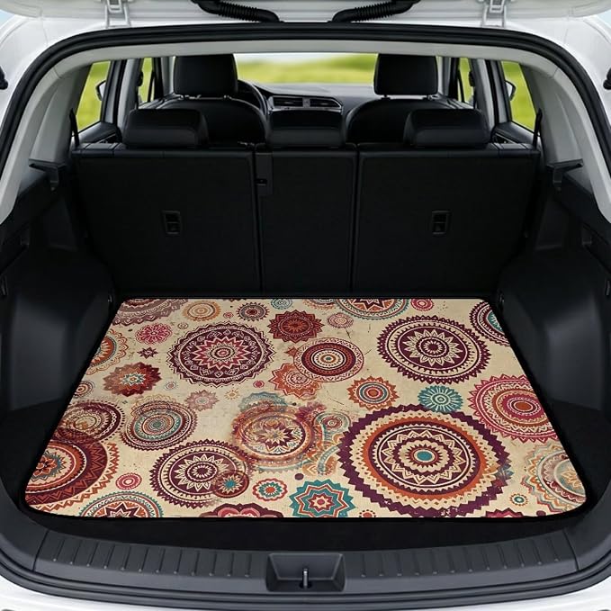 Howilath Heavy Duty Car Trunk Mat All Weather Non-Slip Vintage Boho Mandala Rear Trunk Mat Durable Polyester Carpet Auto Interior Accessory