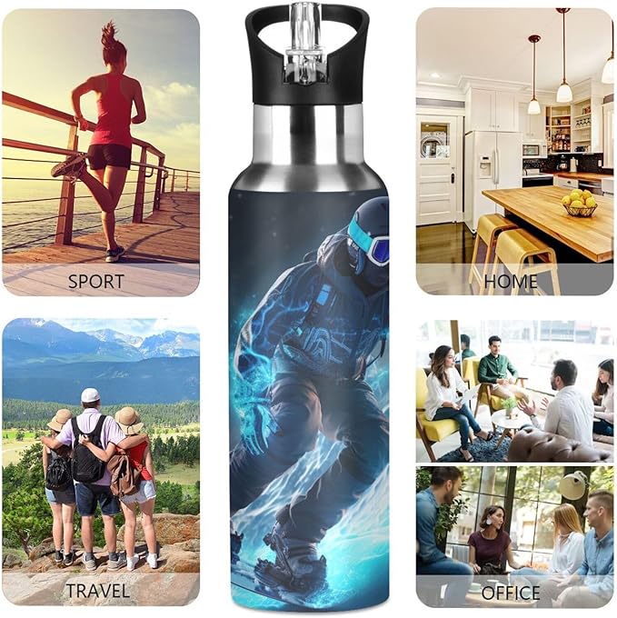 Skier Ski Water Bottle with Straw Lid Kids Insulated Stainless Steel Water Flask Sports, 20 Oz Hot Cold