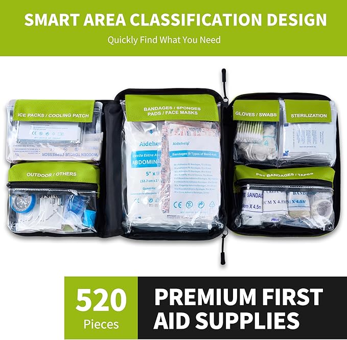 520 Pieces Premium First Aid Kit - Large Emergency Medical Kit for Survival, Car, Home, Travel, Camping, Backpack, Hiking, School (Green)