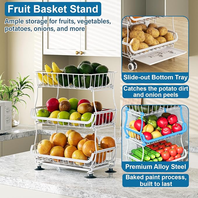 OKZEST 3-Tier Rolling Pantry Floor Organizers and Storage Cart with Wheels | Fits under pantry shelf, Stackable kitchen pantry baskets with dirt catch tray, Holds drink, snack, can, potato, onion, fruit