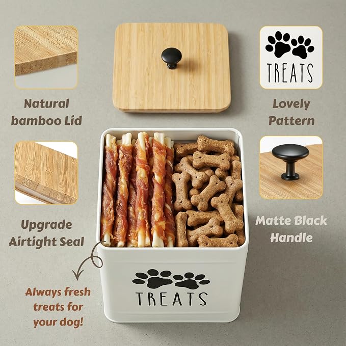 PERFNIQUE Dog Treat Container, Airtight Dog Treat Jar, Dog Cookie Jar for kitchen Counter, Pet Treat Container, Dog Food Storage, Treat Jars for Pets, Cat Treat Container, 7.8''x6.2 (White)