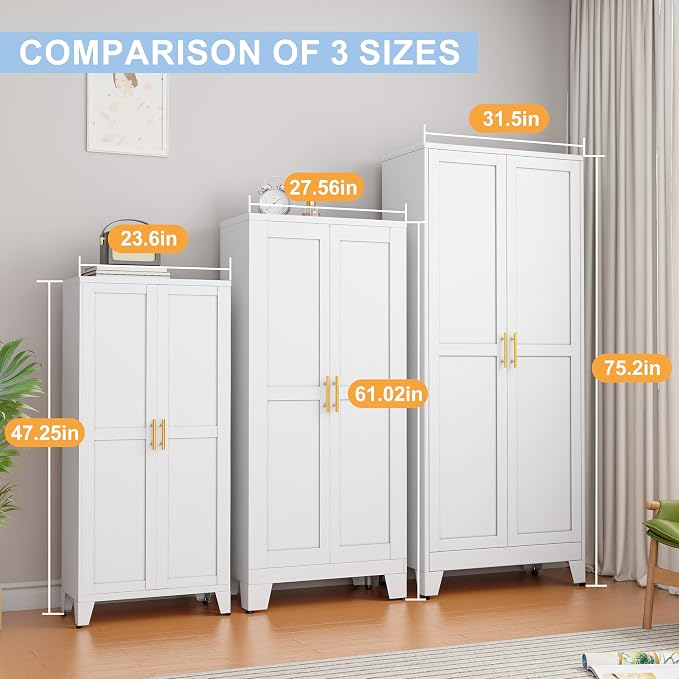 White Kitchen Pantry Cabinets, 48" Metal Storage Cabinet for Office | Steel Kitchen Pantry Storage with Doors and 3 Adjustable Shelves, for Office, Home, Garage, School