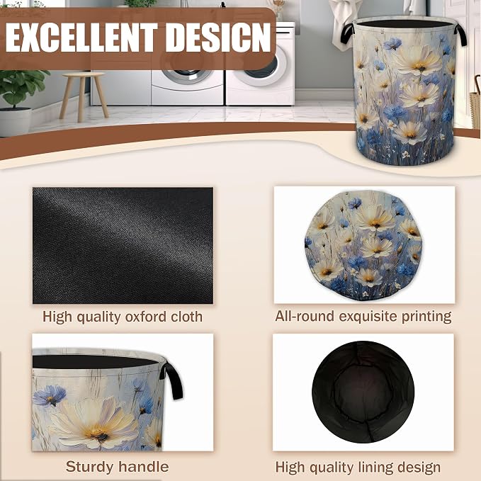 Watercolor Daisy Flower Laundry Baskets,Laundry Hamper,Storage Basket with Handles for Bathroom Bedroom College Dormitory Living Room Nursery Organizer 16"x20.8"