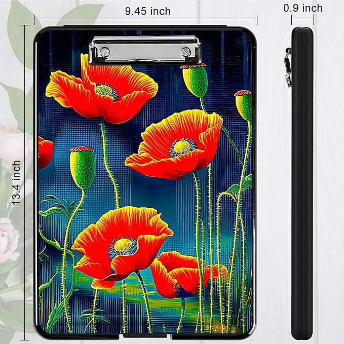 Artistic Red Flower A4 Clipboard with Storage Pen Holder, Clipboards Organizer Nursing Clipboard Foldable File Folder Plastic Clipboard Folio Clip Board for Office Students Classroom Doctor