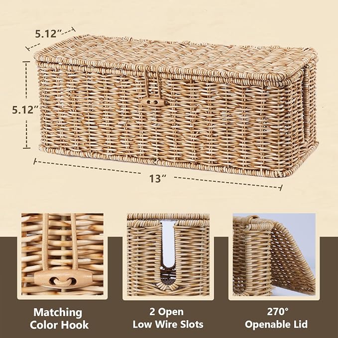 Cable Management Box, Cord Organizer with Lid & Cable Ties - Natural Small | Handmade Open Slots Cord Hider Outlet Covers for Power Strip TV PC Router Charger Under Desk Storage