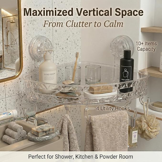 Corner Shower Caddy with Suction Cups, No Drill Corner Shower Shelf Organizer with Hooks, Clear Shower Storage Rack for Tile, Glass & Smooth Surfaces, White/Clear
