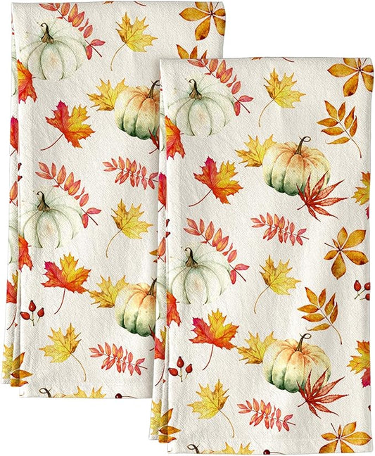 Miss Adola Flour Sack Kitchen Towels Set of 2-18x26 Inch Dish Towels with Hanging Loop Autumn Fall Absorbent Reusable Cotton Cloths for Cleaning Cute Design Home Decor Housewarming, Pumpkin Leaf