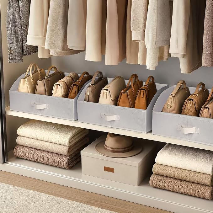 WUIKE Trapezoid Closet Storage Bins with Handles, White & Beige, 3 Pack | 19.5"L x 11"W x 8"H, Closet Shelf Organizer, Home Storage for Handbags, Clothes, Towels, Wardrobes, and Living Rooms