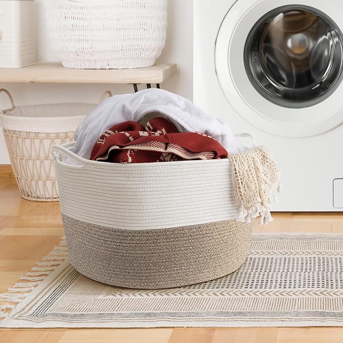 Maliton Woven Rope Blanket Basket Living Room, Storage Basket for Toy, 90L | 22"x14" Cotton Rope Basket. Holds blankets, Toys & Towels & Laundry. For Bedroom, Nursery, Bath & Playroom. Soft & Durable