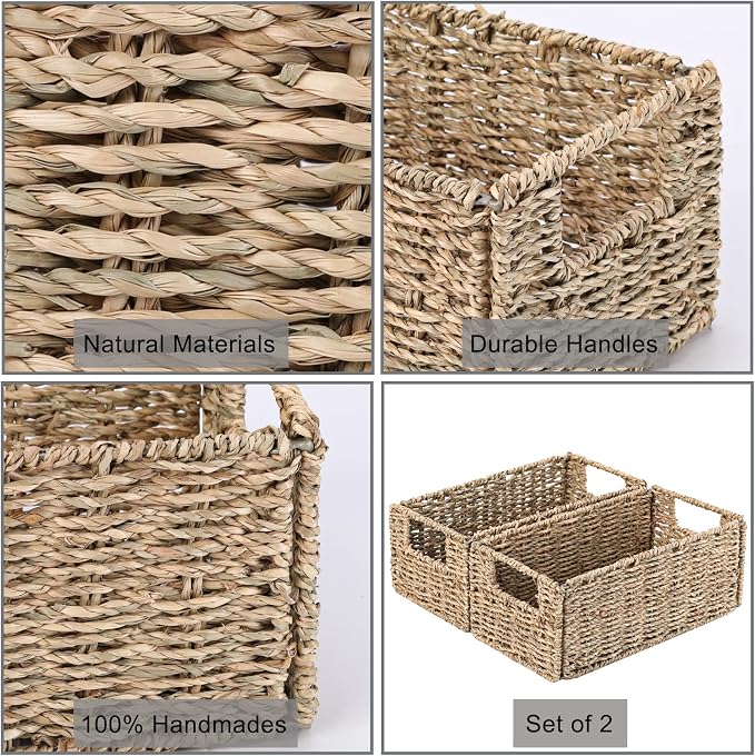 Wicker Storage Basket, Set of 2 Hand-Woven Storage Baskets for Organizing, Small Wicker Basket for Toilet Paper, Foldable Large Cube Storage Organizer Basket Bins for Shelves (Sea Grass)