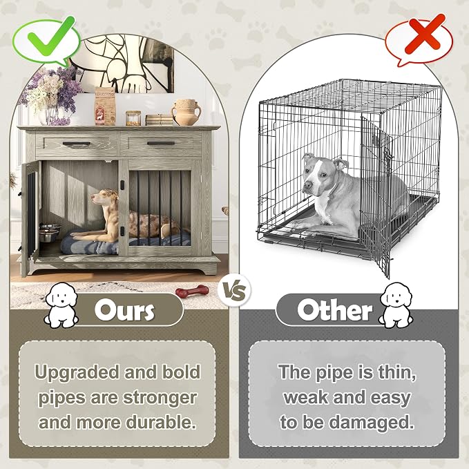 44.48" Dog Crate Furniture, Wooden Furniture Style Dog Crates with Drawers & Rotating Bowls, Indoor Dog Kennel End Table with Double Doors & Secure Locks for Medium to Large Dogs, Gray