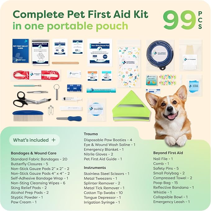 KeepGoing Pet First Aid Kit for Dogs & Cats, 99 Pc. Travel Emergency Kit | Dog & Cat Travel Accessories for Car, Camping & Hiking, Pet Essentials & Supplies