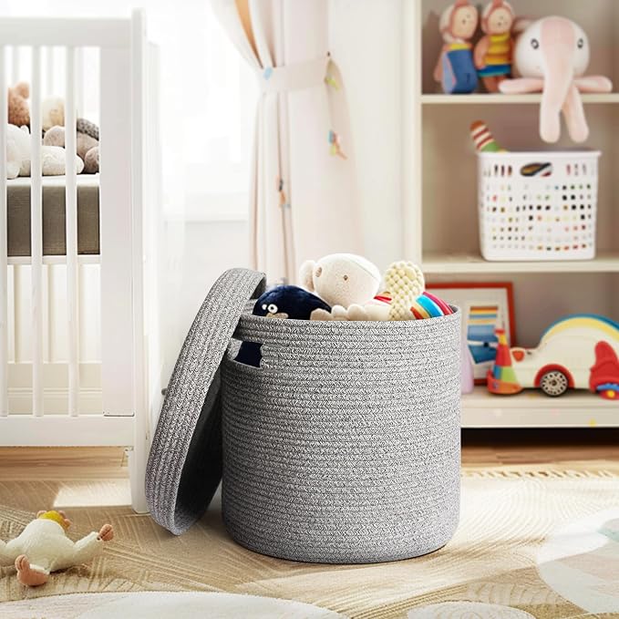 Storage Basket with Lid, Woven Blanket Storage for Living Room, Soft Cotton Rope Bin with Lid, Round Wicker Laundry Basket with Cover, Lidded Kid Dog Toy Box, Nursery Organizer, 15"x13", Gray