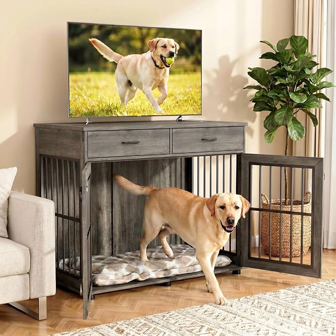 VOWNER 43.3" Large Dog Crate Furniture with 2 Drawers, Grey | Wooden Dog Kennel Furniture End Table with 3 Doors, XL Dog Kennel Indoor with Storage, Dog Cage TV Stand for Large Medium Dog