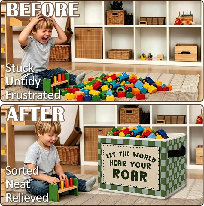 Dinosaur Nursery Cube Storage Bins with Handles, Dinosaur Blue Green Checkered Collapsible Fabric Storage Basket Boxes Books Clothes Organizer for Kids Boys Room Bedroom Playroom Bathroom