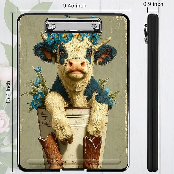 Heavy Duty Storage Clipboard, Slim Nursing Clipboard with Internal Pen Case, Portable File Organizer Case for A4 Letter Size Paper Office Medical Professionals, Cow Blue Flower