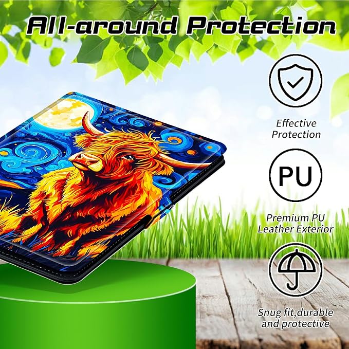Universal Tablet Case for T-Mobile Revvl Tab 2 10.1" Model:9185W 2025/Revvl Tab 5G 10.36" 2023, 360 Degree Rotating Kickstand Protective Stand PU Leather Shell Cover for 9"-10.5", Star Cow
