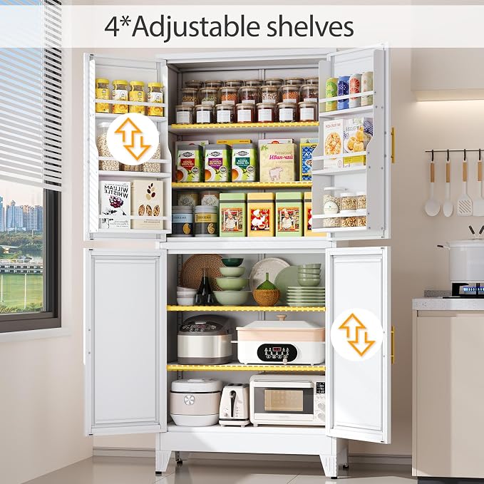 White Kitchen Pantry Storage Cabinet, 75" Metal Storage Cabinet | Steel Storage with Doors and 3 Adjustable Shelves, Metal Freestanding Buffet Cupboards Sideboard, for Office, Home, School