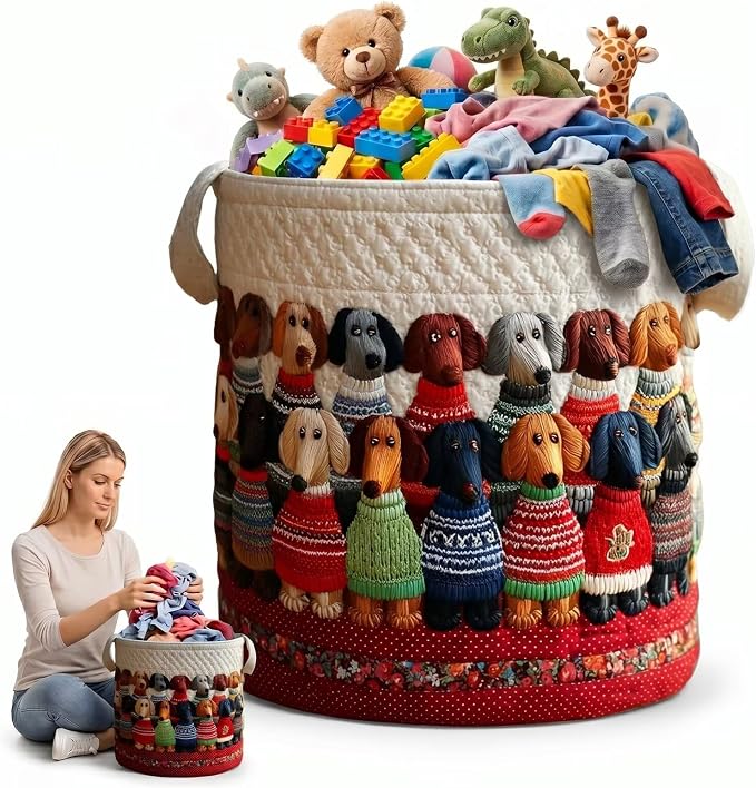 Cute Dachshund Clothes Hamper Fabric Laundry Basket Round Toy Storage Organizer Decorative Puppy Dog Blanket Bin for Bedroom(20" x 28")