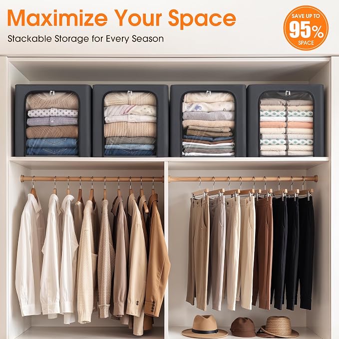 Metal Frame Clothes Storage Bins, Light Grey, 40L, 4 Pack | Foldable Storage Boxes with Clear Window, Front & Top Zipper Openings, Stackable Organizer with Handles for Closet & Bedroom