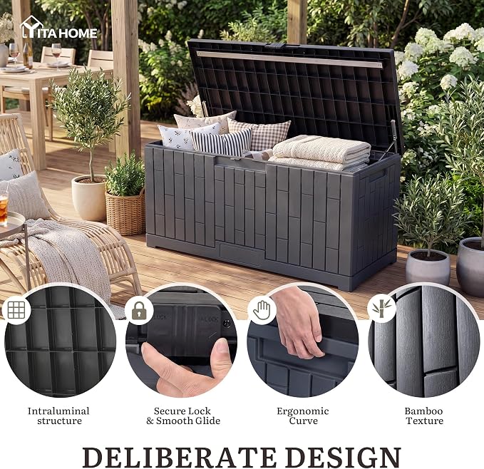 YITAHOME Large Deck Box 120 Gallon Resin Outdoor Storage Box | Patio Storage Bin Bench Seat for Outdoor Pillows, Garden Tools and Pool Supplies, Waterproof Lockable, Dark Gray