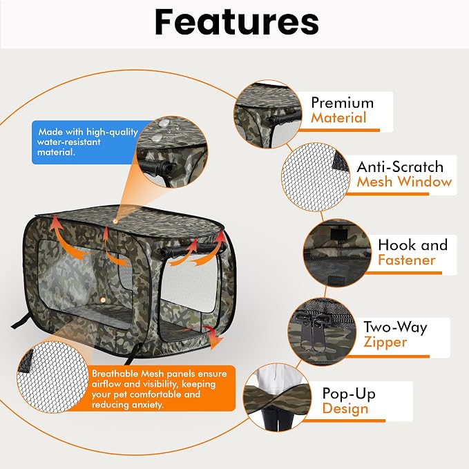 Portable Collapsible Pop Up Kennel, 24" L x 16.6" W x 16" H, Camo Green | Collapsible indoor/outdoor travel cat and dog crate with mesh screen windows pops up and folds flat for easy storage