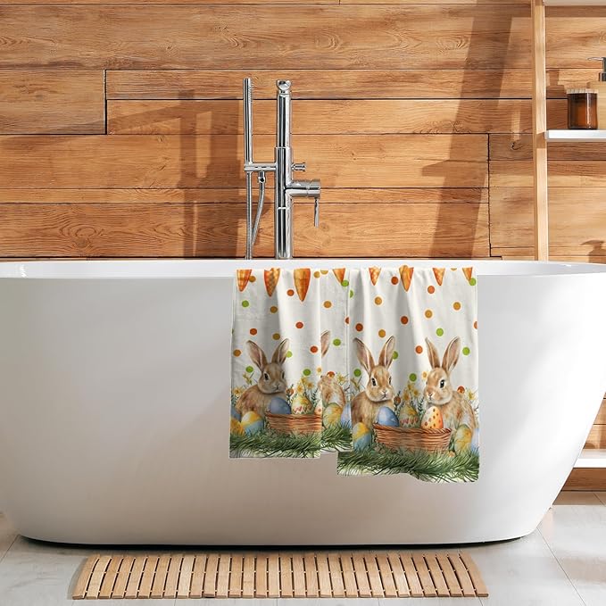 Giwawa Easter Bunny Hand Towels Eggs Carrot Dish Washing Cloth Set of 2 Soft Absorbent Fingertip Face Tea Towel for Kitchen Bathroom Holiday Decor