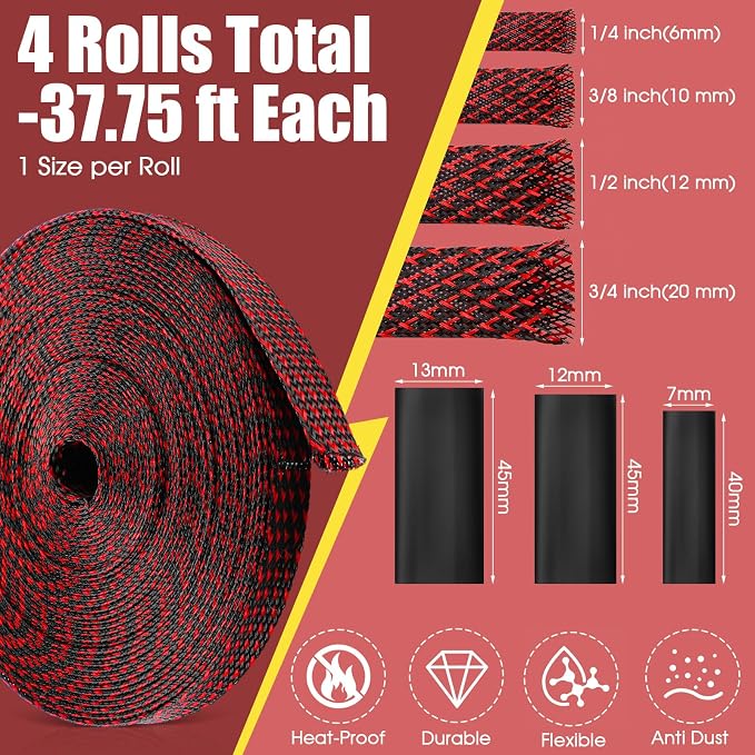 Tatuo 151 ft Braided Cable Sleeve Expandable Wire Sheathing(Red, Black) | with 120 Heat Shrink Tubing 1/4 in 2/5 in 1/2 in 3/4 in Wire Sleeve Cord Management for Television Audio Computer Video Pets