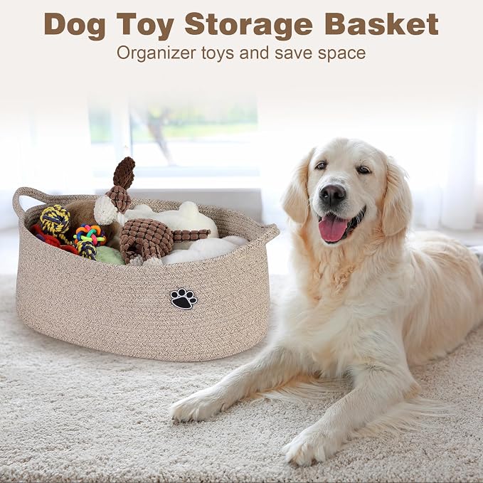 Optish 40L Extra Large Dog Toy Basket, 20" x 14" x 9" XL Toy Storage Box and Bin with Handles, Woven Cotton Rope Foldable Basket for Blankets, Living Room, Bedroom, Home Decor, Brown