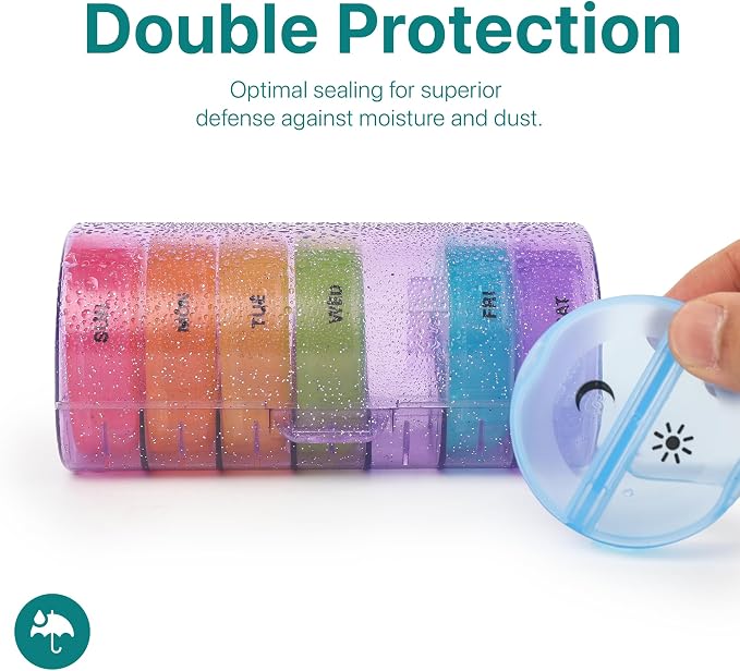 Sukuos Weekly Pill Organizer 7 Day 2 Times a Day, Large Daily Pill Box Easy to Open, Portable AM PM Pill Case for Medicine/Vitamin/Fish Oil/Supplements (Glitter Purple)